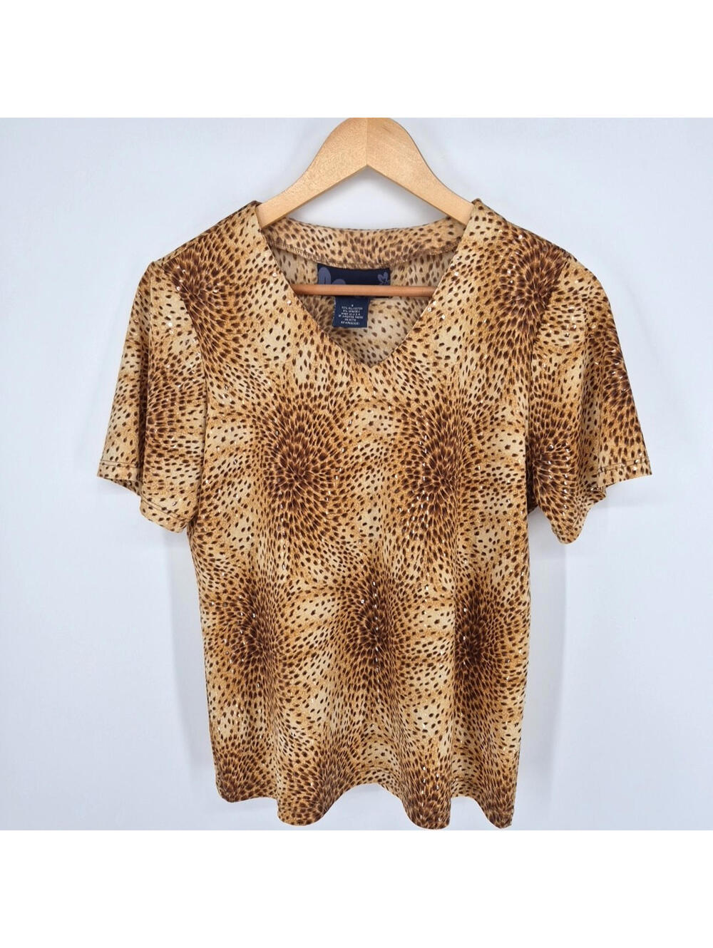 Susan Graver Animal Print Sequins Made in USA Women's Small Blouse Stretch Top